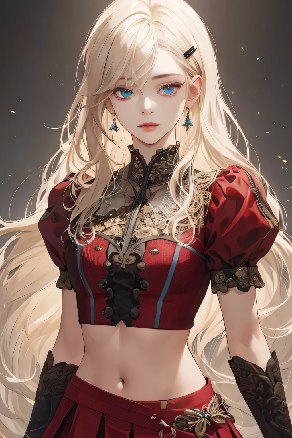 (extreamly delicate and beautiful:1.2), 8K,(masterpiece:1.0),(best_quality:1.0), 1 girl, and intricate detailing, Enlarged textures, and intricate detailing, finely eye and detailed face, and intricate detailing, shiraga, platinum blonde curls long hair, (closed mouths), Perfect eyes, Equal eyes, carolina eyes (A famale god) with crop top modern and red maroon short skirt span, carolina eyes perfect, perfect, earing, hairpin, perfect body, sexy body, carolina blue perfect eyes, lips nude