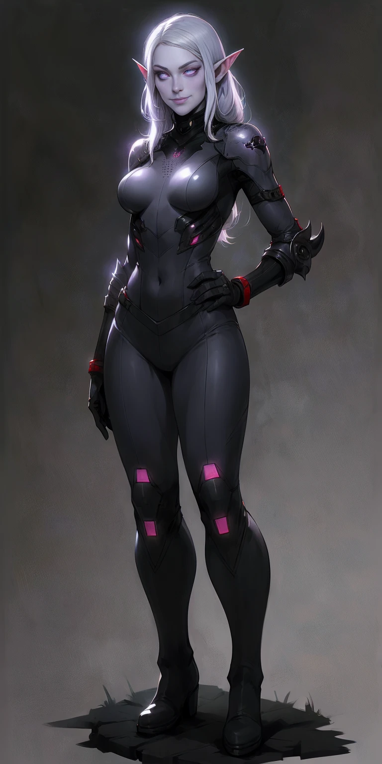 Full body of "Female Drow Elf Gray skin smile, white silver hair and violet eyes" showing her back to me, black gantz suit, red gloves gauntlets, military high boots bootstraps, red cheeks, thick hips, hands on hips, metal handcuffs clenching fist