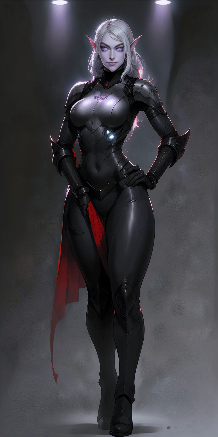 Full body of "Female Drow Elf Gray skin smile, white silver hair and violet eyes" showing her back to me, black gantz suit, red gloves gauntlets, military high boots bootstraps, red cheeks, thick hips, hands on hips, metal handcuffs clenching fist