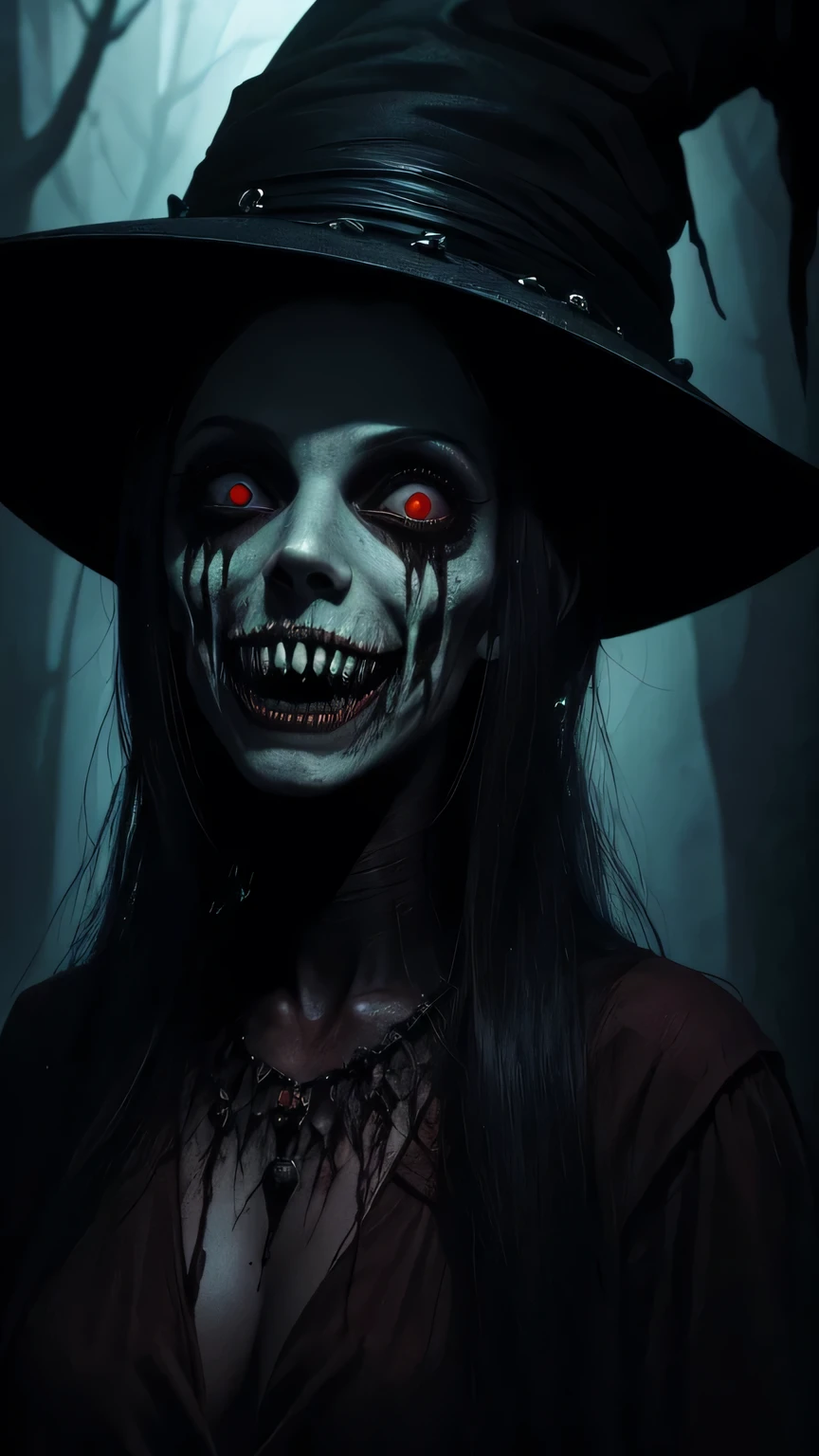 painting of a creepy looking bruxa with a hat and a big grin, criatura assustadora, retrato assustador, Horror fantasy art, cara assustadora, sorriso maligno e olhos brilhantes, ( ( ( Horror art ) ) ), sorriso perverso, sorriso assustador e maligno, horrible smile. Horror, Horror illustration, Horror painting, nightmarish illustration, Horror macabre face, zumbi com olhos brancos, bruxa