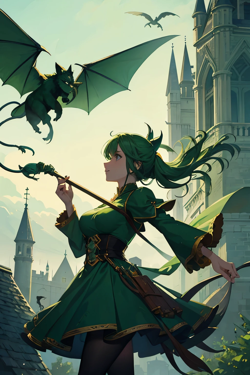 green colored witch, traditional style, with flying monkeys around her, witch on top of a big castle.