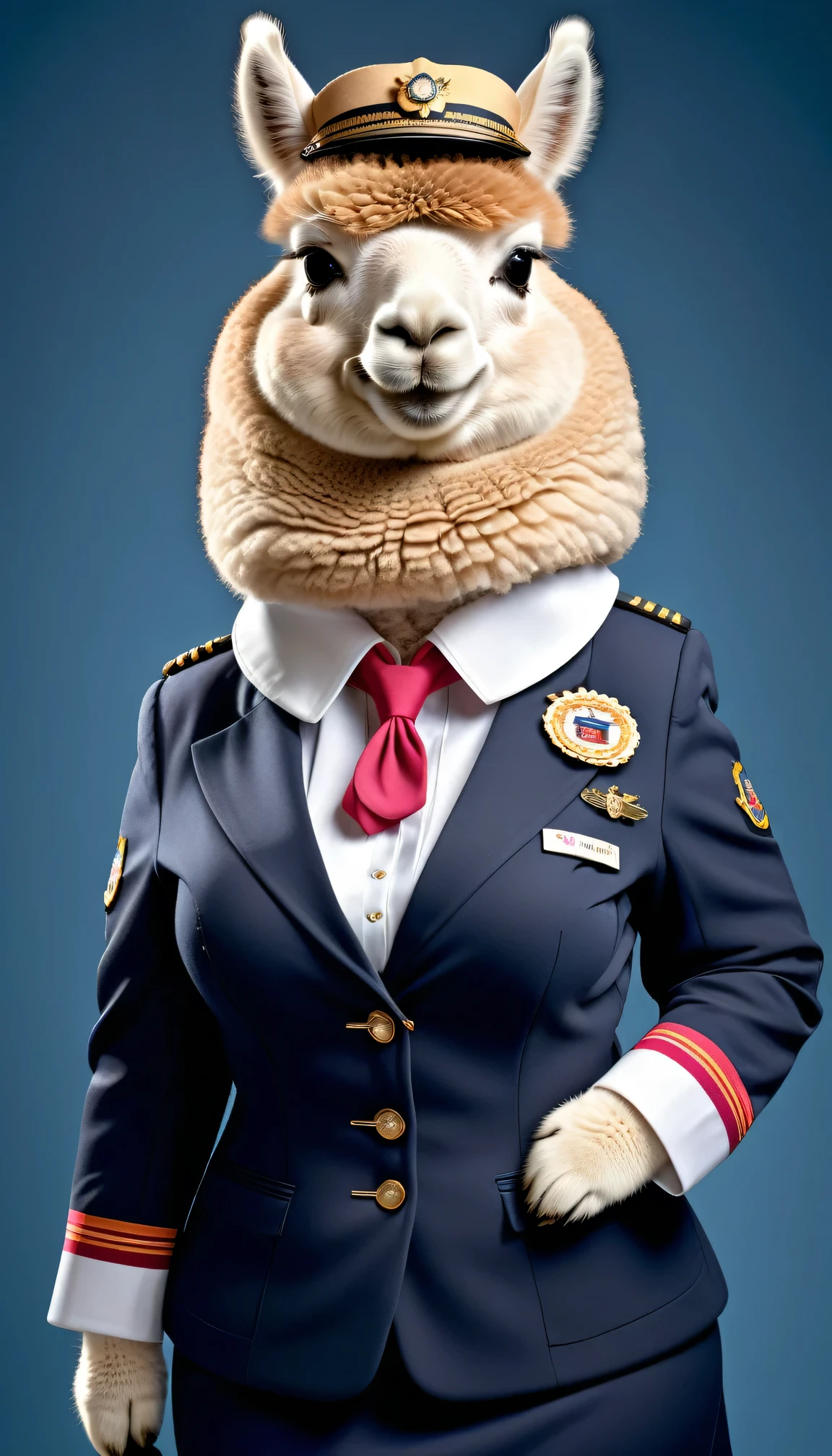 photorealistic portrait of Dressed animals - a ((fat))alpaca Flight attendant,(elegant pose),(happy smile),(), high quality,(lovely) ,intricate details, highly detailed (Flight attendant uniform), earrings,,, (happy), studio lighting,(full body image:2.0)