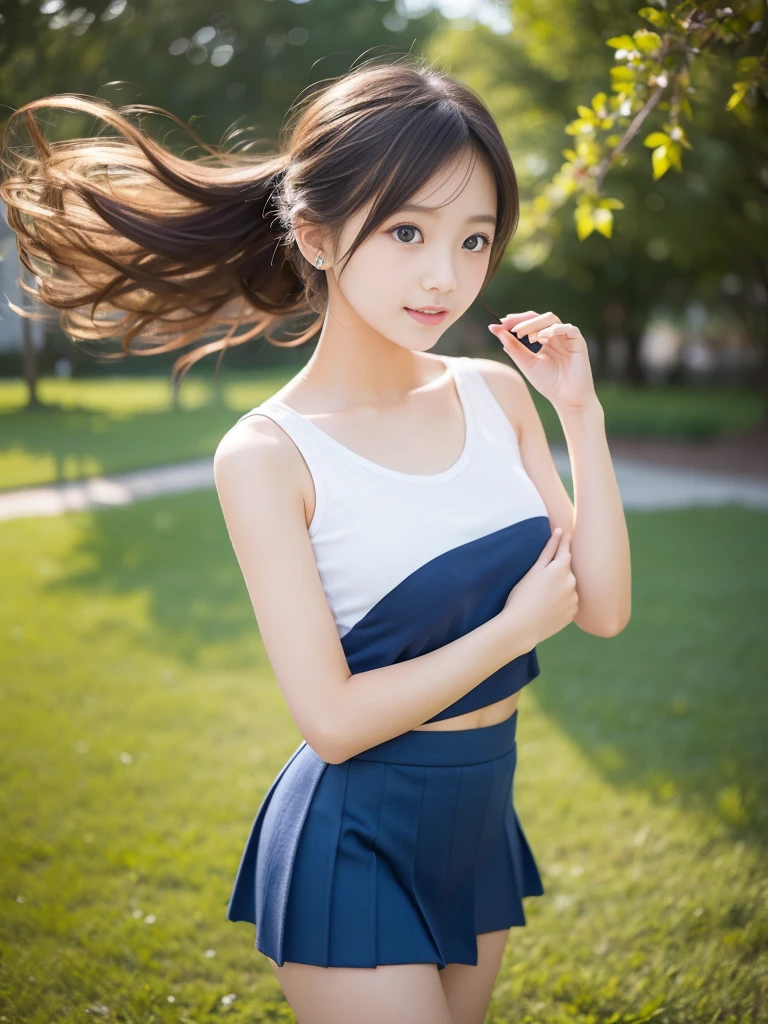 (masterpiece, highest quality:1.4), Award-winning portraits, 8k, 85mm, alone, Beautiful Face, Delicate girl,  (Cheerleader、On the grass), Sophisticated, cute, 15 years old, RAW Photos, Confused, High resolution, Sharp focus, Background blur、(((Flat  、thin and delicate body、Childish atmosphere)))、shiny semi-long hair、ponytail、Mole on the left cheek、 Dark blue eyes、the skirt is swaying in the wind、Hair swaying in the wind、sexy、Flexible legs