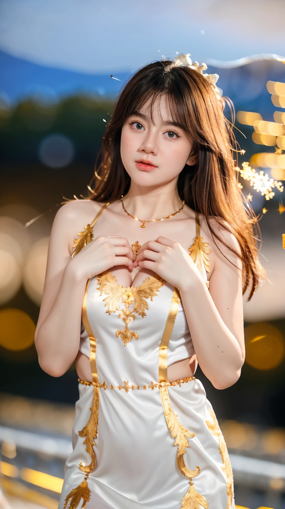 Adorable , Gorgeous , Beautiful , Russian Baby Face , Large Colossal Chest , 20 Years Old , White Skin , Slip Dress , Top of The Mountain Background , Wind , Tighten Breast , ((Bokeh:1.3)) , Grey Eye , ((White-Gold Coloured)) , ((Firework:1.1)) , ((Night:1.3)) , Standing Pose , HDR , Ultra Detailed , EF 24-70mm f/2.8L II USM