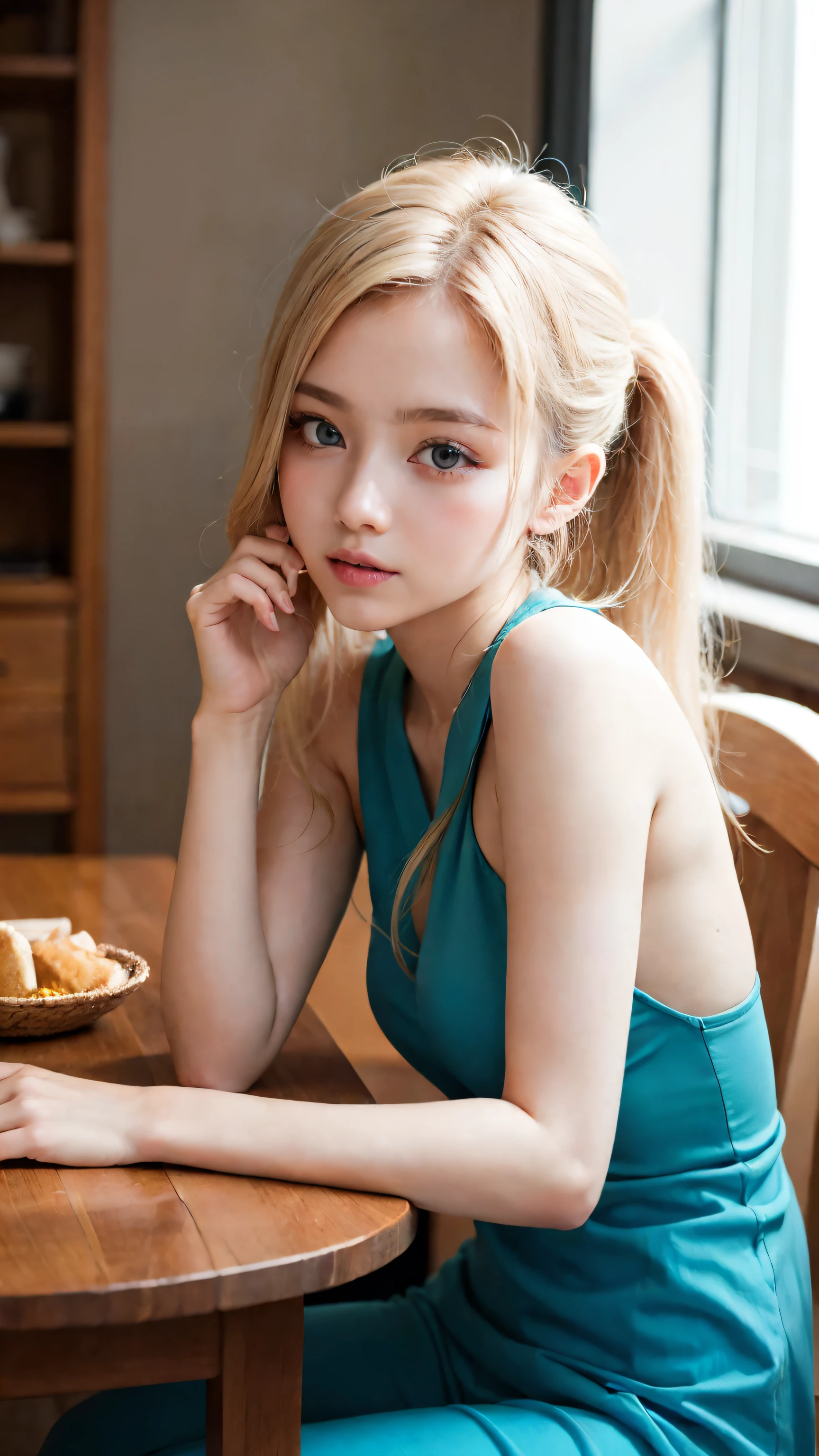 Bright expression、Photorealism,Anime Style、highest quality、超A high resolution、picture、Photos of the most beautiful Scandinavian anorexic girls、A cute and beautiful face down to the last detail、Small Face、(Purelos Face_v1:0.008)、Beautiful Bangs,17 years old、Completely naked,Glowing White Skin、Thin and slender body,Small Tits(A Cup),ponytail、Bangs on the face、Hair between the eyes、Super long hair、Glamorous light platinum blonde super long silky hair、Beautiful bright transparent light blue big eyes that are charming and shining、double eyelid、eyeliner,Sitting on a chair,Completely naked