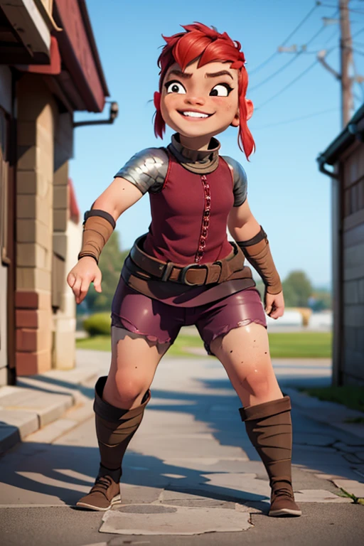 masterpiece, best quality, photorealistic, Nimona, red hair, freckles, leather armor, leather shorts, joyful, full body, front view, looking on viewer , smiling, teeth 