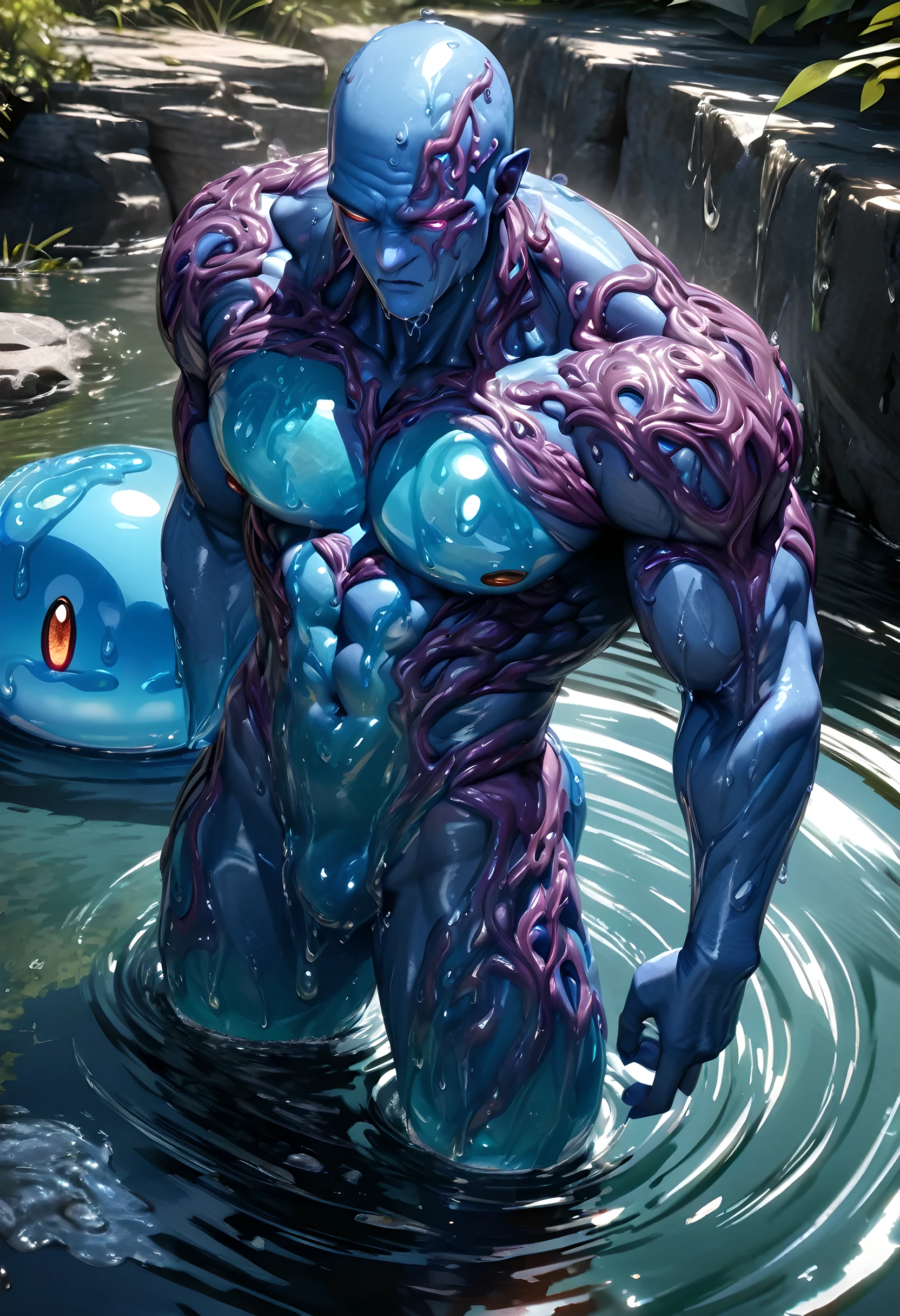 ((absurdres)) perfect whole body, ultra photorealistic, top quality, Photorealistic, ((16k UHD)) High Definition, high-res, ultra sharp, masterpiece, the best quality, intricate details, detailed eyes, perfect face detailed face, (((1male))) (((hyper pecs))) ((slime tentacles)) (((Blue skin Slime Body))) (((natural light))) male muscular slime body, slime male, wet slime, transparent skin, slimy skin, liquid slime male, slime hair, (((Blue skin Slime Body))) soaked, liquid, tendrils, light blue sticky slime, thighs, Slime covered slime body, gay, yaoi, in a river, male slime man, slime bodybuilder, masculine, ((reflective skin)) ((glowing)) (((SUNNY WEATHER))), slimes, translucent skin, water drop, bubble,