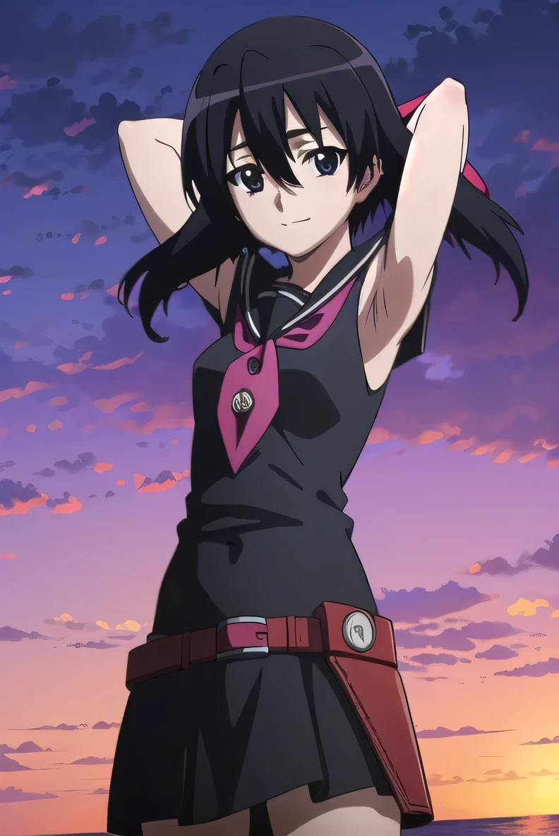 agkkurome, kurome, short hair, black hair, (black eyes:1.3), hair between eyes,
BREAK skirt, , serafuku, belt, black serafuku, short sleeves, belt, black skirt, neckerchief, red neckerchief,
solo, (cowboy shot:1.5), night sky, beach, arms behind head, contrapposto, spread armpits, looking at viewer, best quality, closed mouth, smile, blushing, anime coloring,
BREAK (masterpiece:1.2), best quality, high resolution, unity 8k wallpaper, (illustration:0.8), (beautiful detailed eyes:1.6), extremely detailed face, perfect lighting, extremely detailed CG, (perfect hands, perfect anatomy),