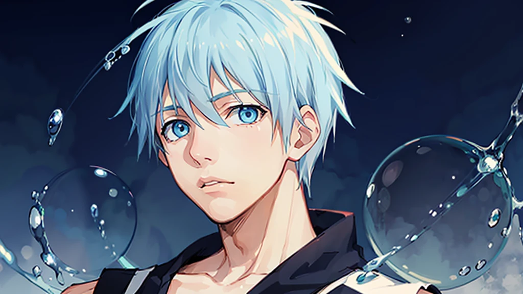 ((highest quality, super detailed,detailed eyes:1.3)),(((total 1 boy:1.2))),cool face,light blue hair,short,hair,light blue eyes,kuroko tetsuya,BREAK(basketball uniform:1.2)BREAK(aqua blue aura background:1.1)BREAK,(from side,portrait,face focus:1.1),(boy on left:1.5),(looking at viewer:1.4)