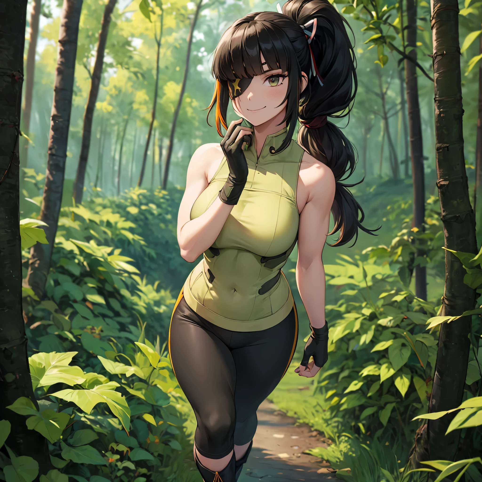 A woman wearing an American exercise uniform from the 70s, dark moss green sleeveless shirt, moss green exercise pants, black boots, black hair, ponytail hair, eye patch, yellow bangs, smiling, army helmet, muscular, holding an m16 in both hands, walking in a vietnam forest with many coconut trees, full body,stereogram, tachi-e, point of view, atmospheric perspective, 8k, superdetail, accurate, best quality, award-winning, textured skin, high resolution, anatomically correct, bokeh effect, ((woman solo).
