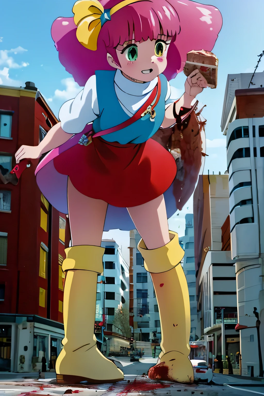 ,masterpiece,correct, high quality,最high quality,Detailed Description,Pink Hair,Yellow Boots,Yellow headband,Yellow ribbon,Red Skirt,Blue jacket,White turtleneck,The mouth is smiling,Cute eyes,Lovely atmosphere,age Girls,Shiny Hair,Shiny hair,Big Yellow ribbon,whole body,mini skirt,The ribbon is on the right,Giant Girl,A girl taller than a building、Camera work from below、Camera zoom work focusing on the tip of the boot、Blood coming out from the sole of the shoe、(gore:2)、(Lots of blood on the ground:1),Splattering blood stains、Lots of minced meat、Pull the meat、A messy person々、Scattered People々、The crushed person々、Blood in the hair、Blood on the face、Dwarf on the ground、Bloodstains in the air、cruel、cruel、hell、blood droplets、kill、roadkill、cute,