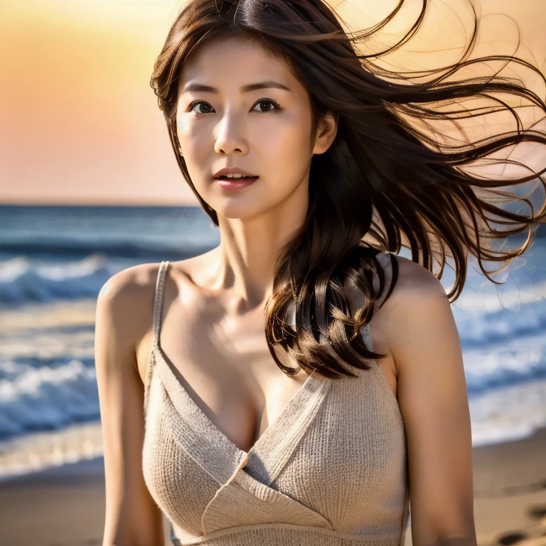 masterpiece, highest quality, High resolution, Photorealsitic, Raw photo, 8k wallpaper, perfection, Professional Lighting, Soft Light、Outdoor, Very detailed, Depth of written boundary,Sandy Beach、sunset, The sea breeze is strong、The wind is blowing((One beautiful woman, Japanese Mature)), (48yo)), Female Sexy, Detailed face, Beautiful Eyes, Shapely breasts, Boob Emphasis、I can see her cleavage、Light brown straight hair, (My hair is messed up by the wind:1.5),  (Brush your hair with one hand:1.5)、 Faint lips, ((Stand in front、Staring at the beholder、Serious face eyes。)), Clothes wide open on the chest, Shoulderless knit dress、Cowboy Shot。

