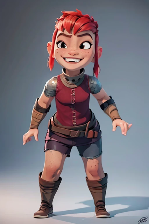 masterpiece, best quality, photorealistic, Nimona, red hair, freckles, leather armor, leather shorts, joyful, full body, front view, looking on viewer , wide smiling, teeth 