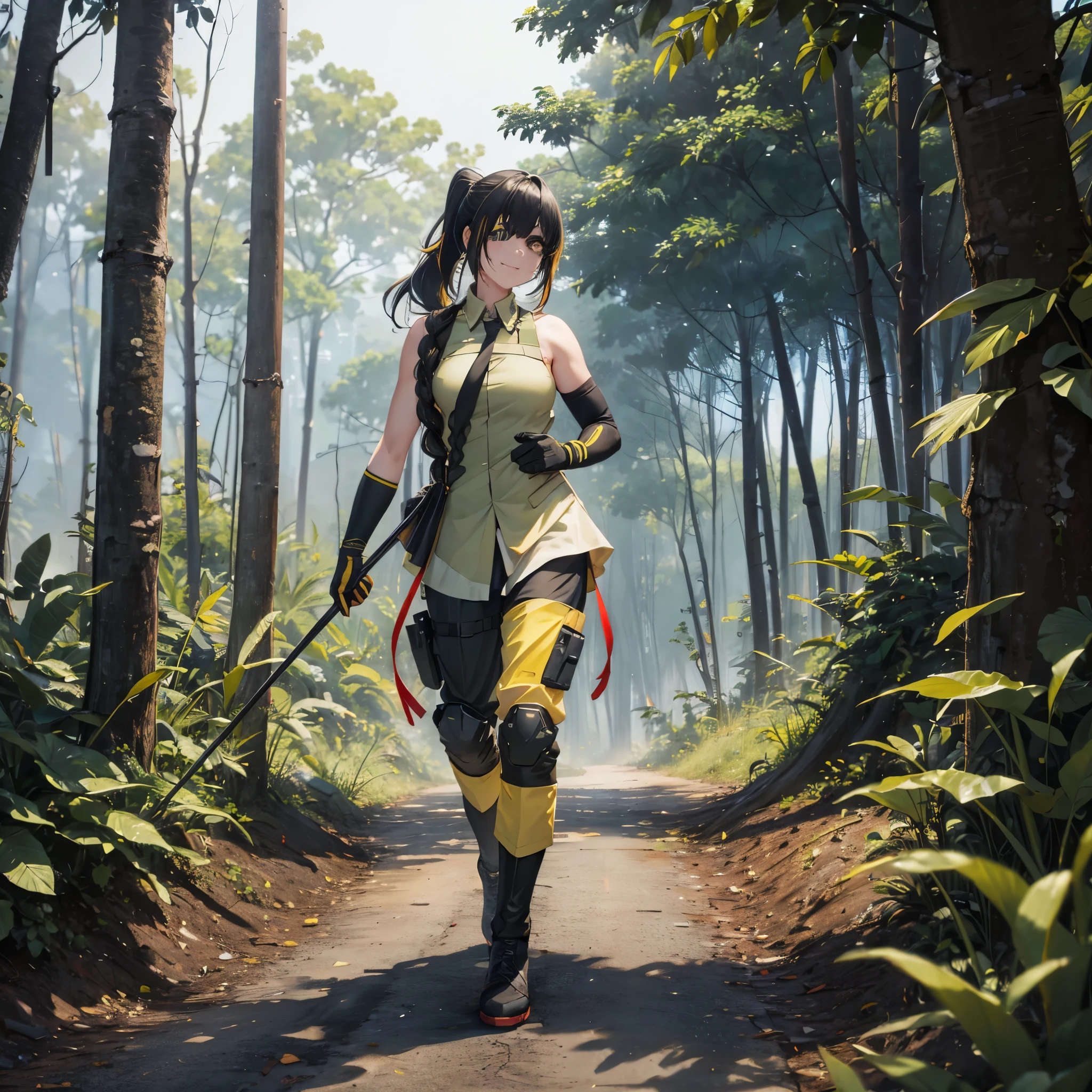 A woman wearing an American exercise uniform from the 70s, dark moss green sleeveless shirt, moss green exercise pants, black boots, black hair, ponytail hair, eye patch, yellow bangs, smiling, army helmet, muscular, holding an m16 in both hands, walking in a vietnam forest with many coconut trees, full body,stereogram, tachi-e, point of view, atmospheric perspective, 8k, superdetail, accurate, best quality, award-winning, textured skin, high resolution, anatomically correct, bokeh effect, ((woman solo).
