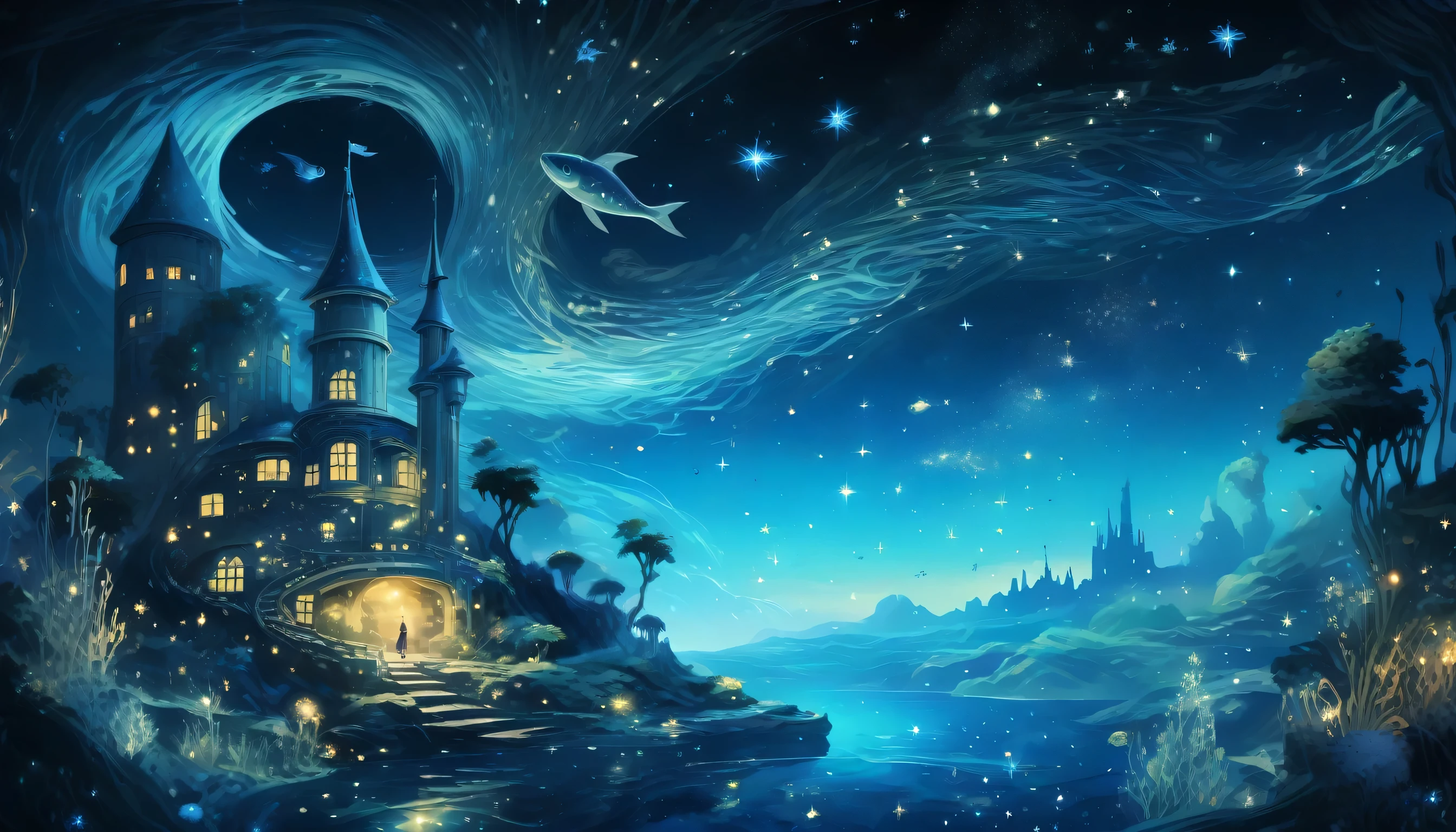 (One girl:1.3),Aria_fairy tale,Fantastic World,Underwater starry sky,