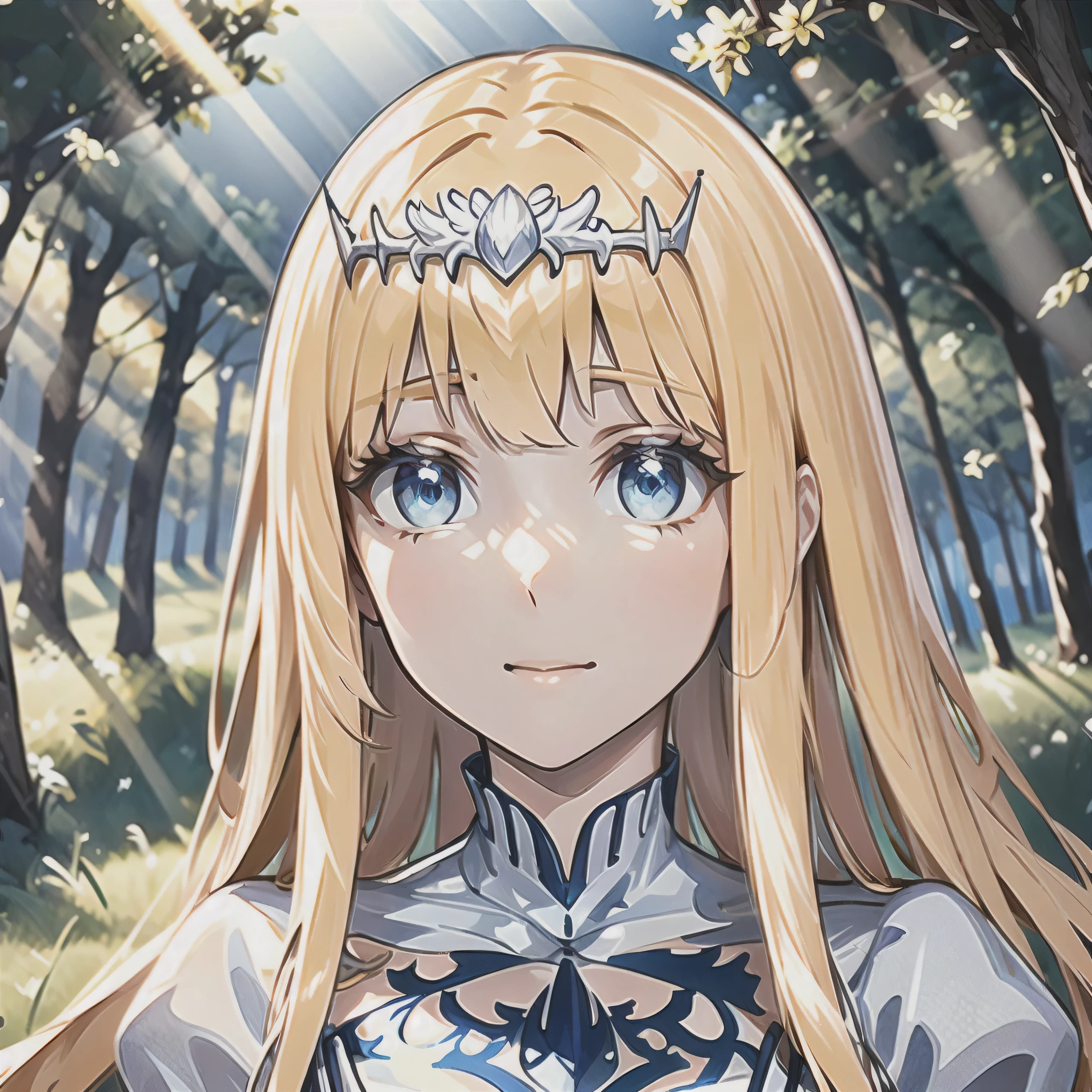 （masterpiece，best qualtiy：1.2），（looking at viewert），Nice face，cowboy lens，rays of sunshine， ，In the forest 1girl, solo,  Calca, Calca Bessarez, blonde hair, extremely long hair, very long hair, white tiara, silver tiara, white dress, blue eyes, medium chest, long straight hair