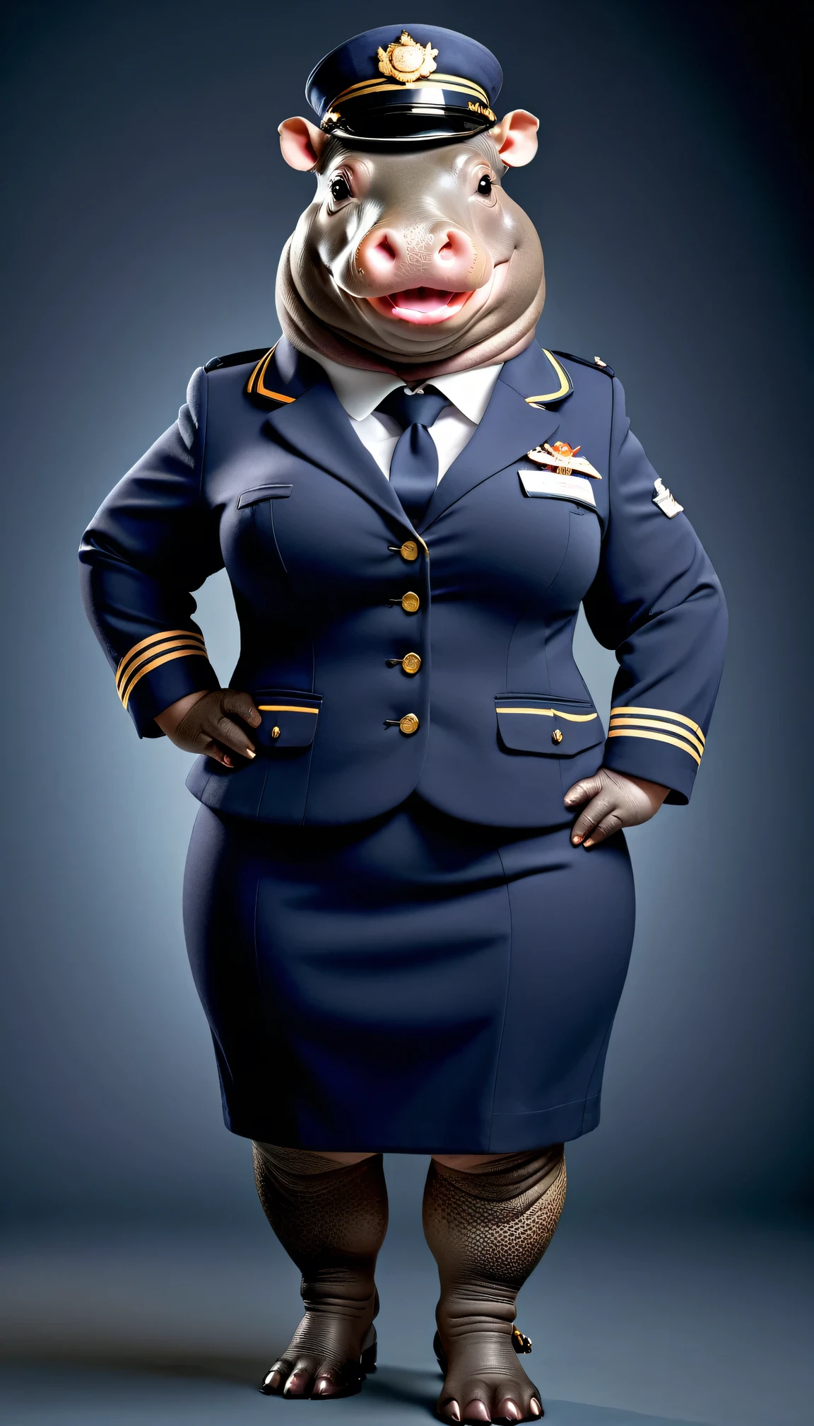 photorealistic portrait of Dressed animals - a ((fat))hippo Flight attendant,(elegant pose),(happy smile),(), high quality,(lovely) ,intricate details, highly detailed (Flight attendant uniform), earrings,,, (happy), studio lighting,(full body image:2.0)