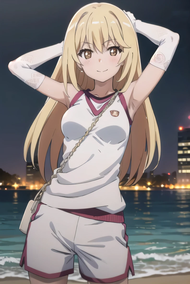 (((pixel-perfect, detail-perfect))), solo, 1girl, misaki shokuhou, tokiwadai, gym uniform, gloves, white gloves, elbow gloves, sleeveless, shirt, shorts, sleeveless shirt, gym shorts, white shorts, white shirt, gym shirt solo, (cowboy shot:1.5), night sky, beach, arms behind head, contrapposto, spread armpits, looking at viewer, best quality, closed mouth, smile, blushing,