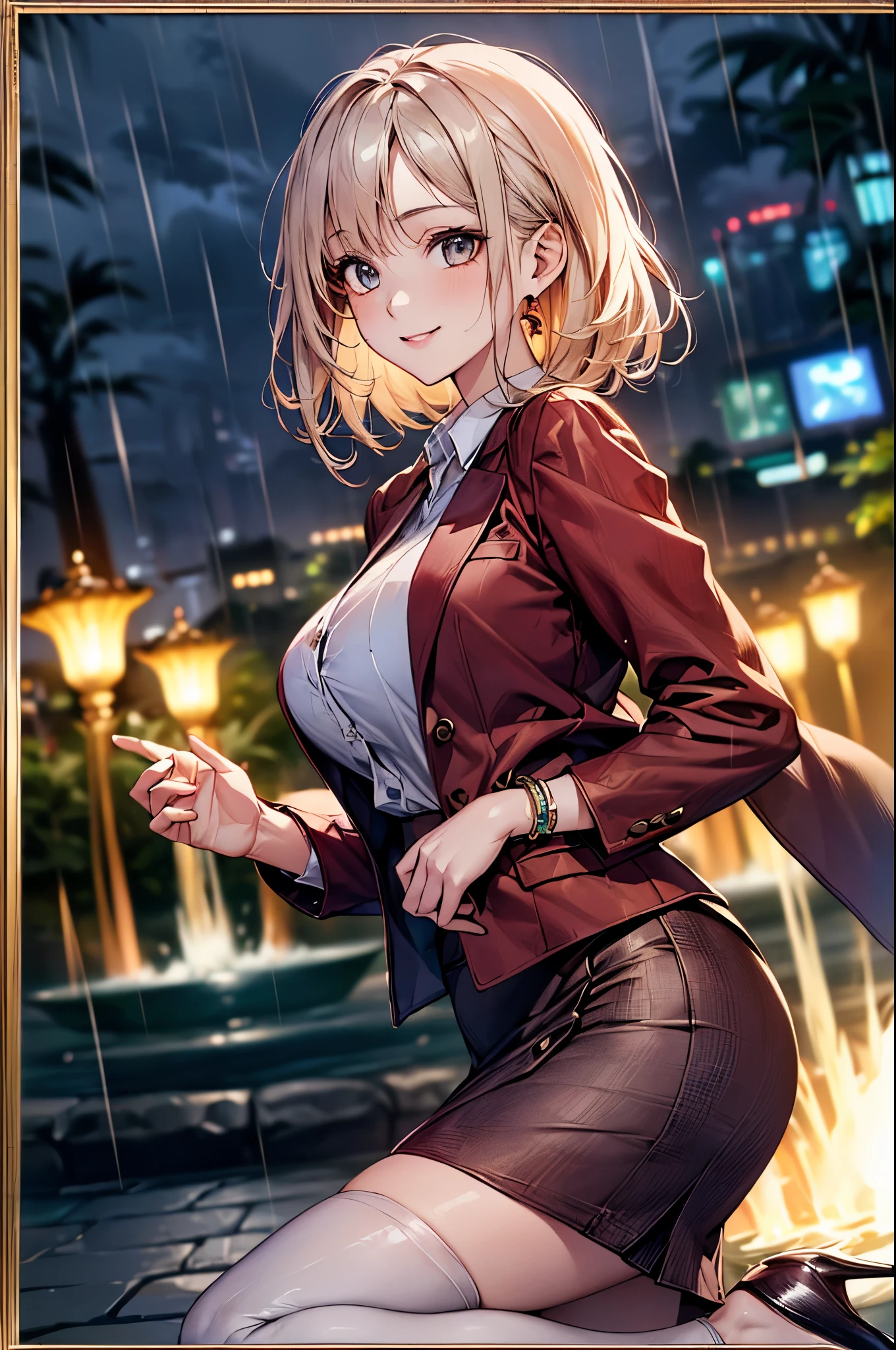 ((Biologically correct limb count))、(( whole body including face))、4K、Masterpiece、((Focus on the face))、((Symmetrical, well-proportioned facial features))、Eyes with delicate depictions、(((1 person)))、Beautiful woman、Outstanding style、Slender Body、(High heels with anklets)、(((red jacket、blazer、shirt、Checked Skirt、stockings))、(((Huge fountain with white framed photo)))、(Shy、smile)、Upper body close-up、(Sidelong glance)、High angle、night、rain