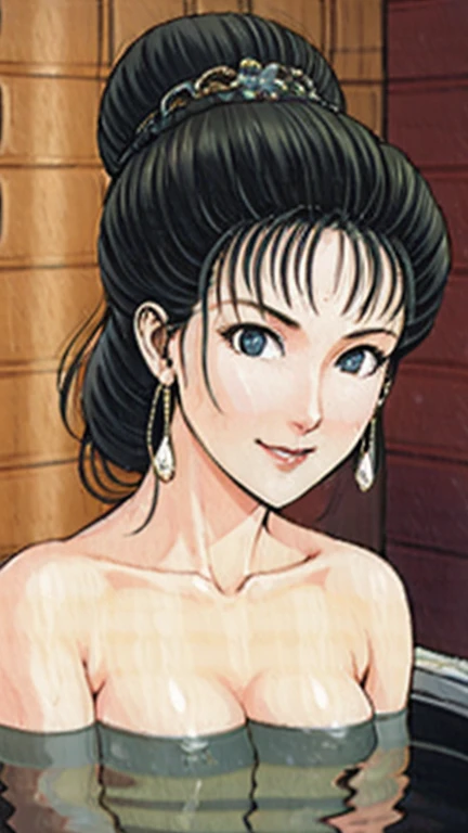 (best quality), (very aesthetic), (ultra-detailed), (best illustration),a mature female,NSFW,Perfect Face,Suikoden,Mrs. Lin,(full_body),big nipple,red cheek,Large drops of sweat are pouring from the whole body,skinny,chinese traditional bath room,Taking a bath,She is soaking in the bathtub with a relaxed expression.,Looking down