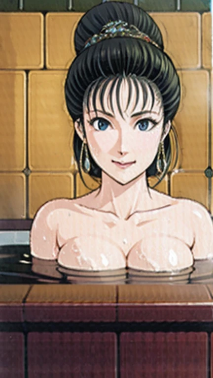 (best quality), (very aesthetic), (ultra-detailed), (best illustration),a mature female,NSFW,Perfect Face,Suikoden,Mrs. Lin,(full_body),big nipple,red cheek,Large drops of sweat are pouring from the whole body,skinny,chinese traditional bath room,Taking a bath,She is soaking in the bathtub with a relaxed expression.,Looking down