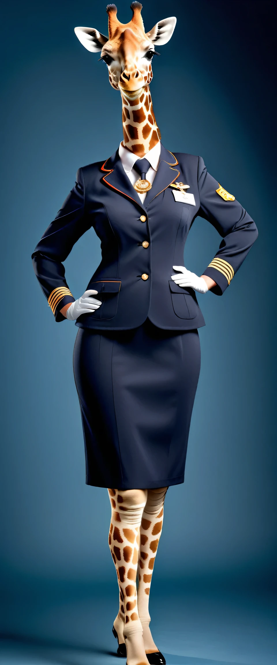 photorealistic portrait of Dressed animals - a ((fat)) giraffe Flight attendant,(elegant pose),(happy smile),(), high quality,(lovely) ,intricate details, highly detailed (Flight attendant uniform), earrings,,, (happy), studio lighting,(full body image:2.0)