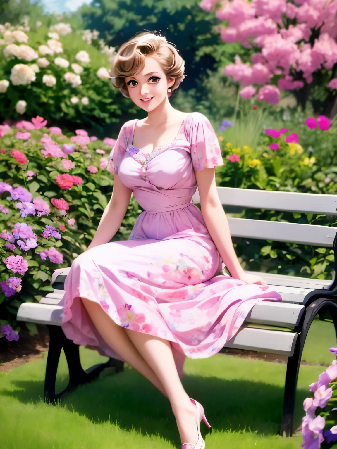 arafed woman in a dress sitting on a bench in a garden, 1 9 5 0 s style, 50s style, 5 0 s style, dressed in a flower dress, wearing pink floral gown, flower dress, wearing a wonderful dress, in a dress, wearing a long flowery dress, retro 5 0 s style, 1950s vibes