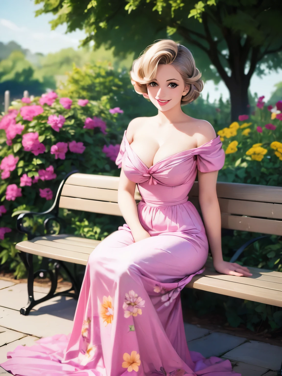 arafed woman in a dress sitting on a bench in a garden, a colorized photo by Evaline Ness, flickr, romanticism, 1 9 5 0 s style, 5 0 s style, 50s style, dressed in a flower dress, wearing pink floral gown, flower dress, wearing a wonderful dress, in a dress, retro 5 0 s style