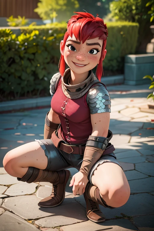 masterpiece, best quality, photorealistic, Nimona, red hair, freckles, leather armor, leather shorts, full body, front view, looking on viewer , smiling, setting on a beni, spread legs 