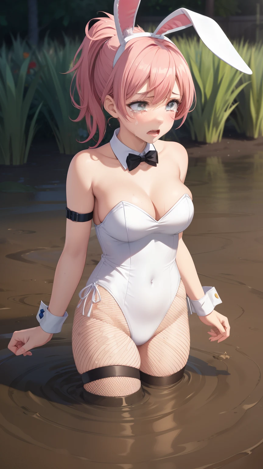 1girl, natural lighting, masterpiece, highly detailed, illustration, game CG, absurdres, high quality, aichan, large breasts, beautiful detailed eyes, medium bright pink hair, ponytail, bangs, glossy lips, upset, crying, garden, bunny ears, detached collar, wrist cuffs, strapless leotard, fishnets, (quicksand:1.2)