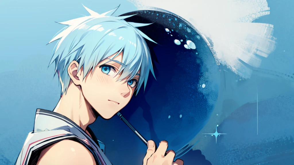 ((highest quality, super detailed,detailed eyes:1.3)),(((total 1 boy:1.2))),cool face,light blue hair,short,hair,light blue eyes,kuroko tetsuya,BREAK(basketball uniform:1.2)BREAK(aqua blue aura background:1.1)BREAK,(from side,portrait,face focus:1.1),(boy on left:1.5),(looking at viewer:1.4)