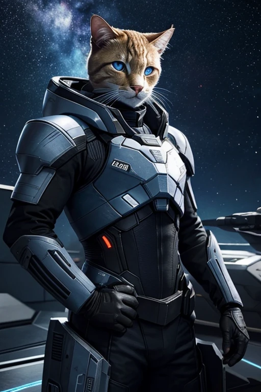 male Commander cat with blue eyes in Elite dangerous suit against the background of the starry sky
