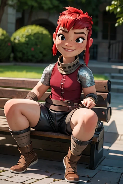 masterpiece, best quality, photorealistic, Nimona, red hair, freckles, leather armor, leather shorts, full body, front view, looking on viewer , smiling, sitting on a bench , spread legs 