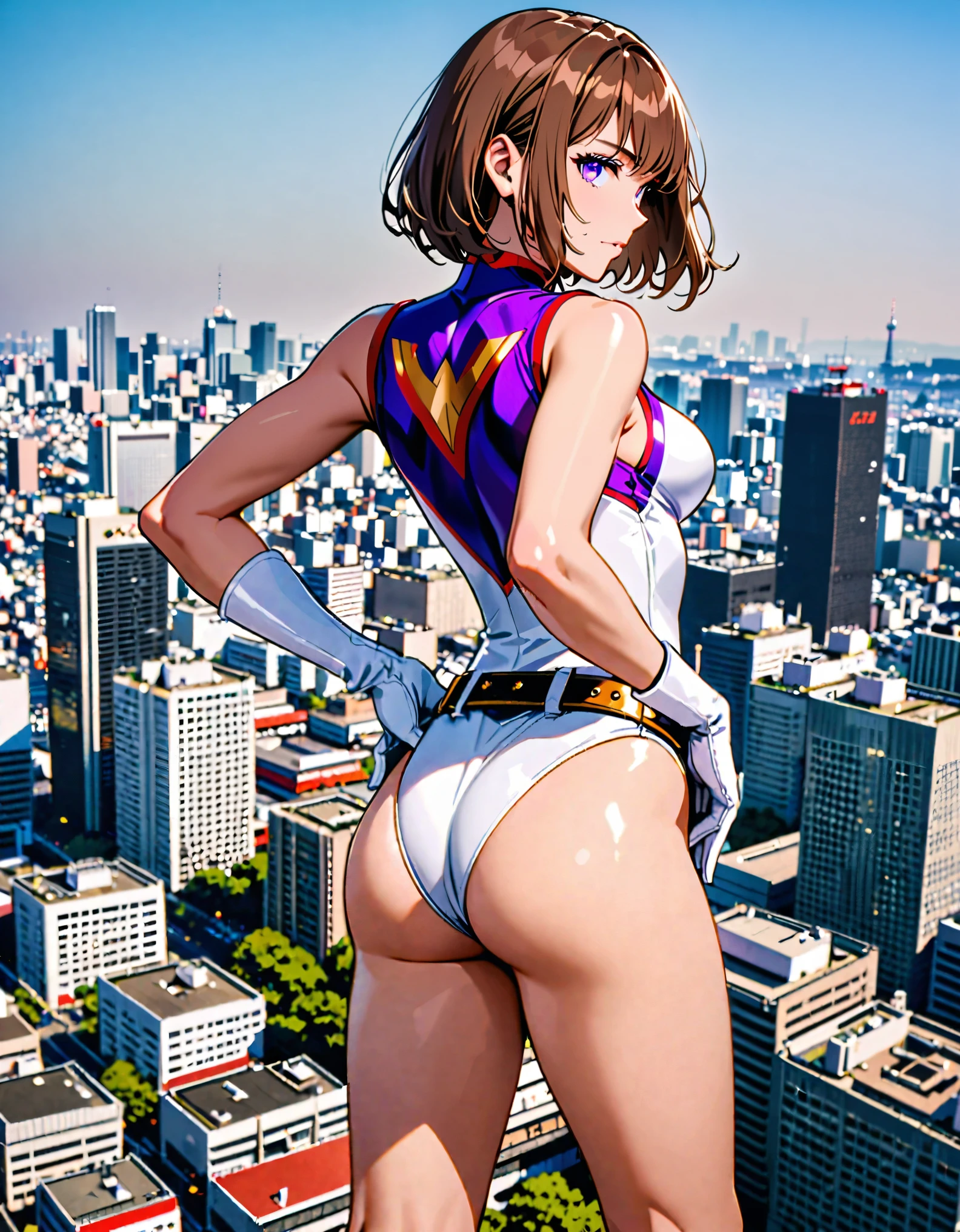 (masterpiece), (best quality), (high res), medium breasts, ((leotard, white and red leotard, matching leotard, sleeveless, bare legs)), ((tight belt, gold belt)), ((boots, matching boots, ankle-high boots, white boots)), ((gloves, white gloves)), city backdrop, tokyo city backdrop, solo, single, one hand on hip, standing, (full body), cowboy shot, superhero, ((beautiful detailed eyes)), ((back view, rear view)), (brown hair, medium hair, bob hair, purple eyes), (perfect hands, perfect anatomy), cowboy shot, superhero, ((beautiful detailed eyes)), full body costume design