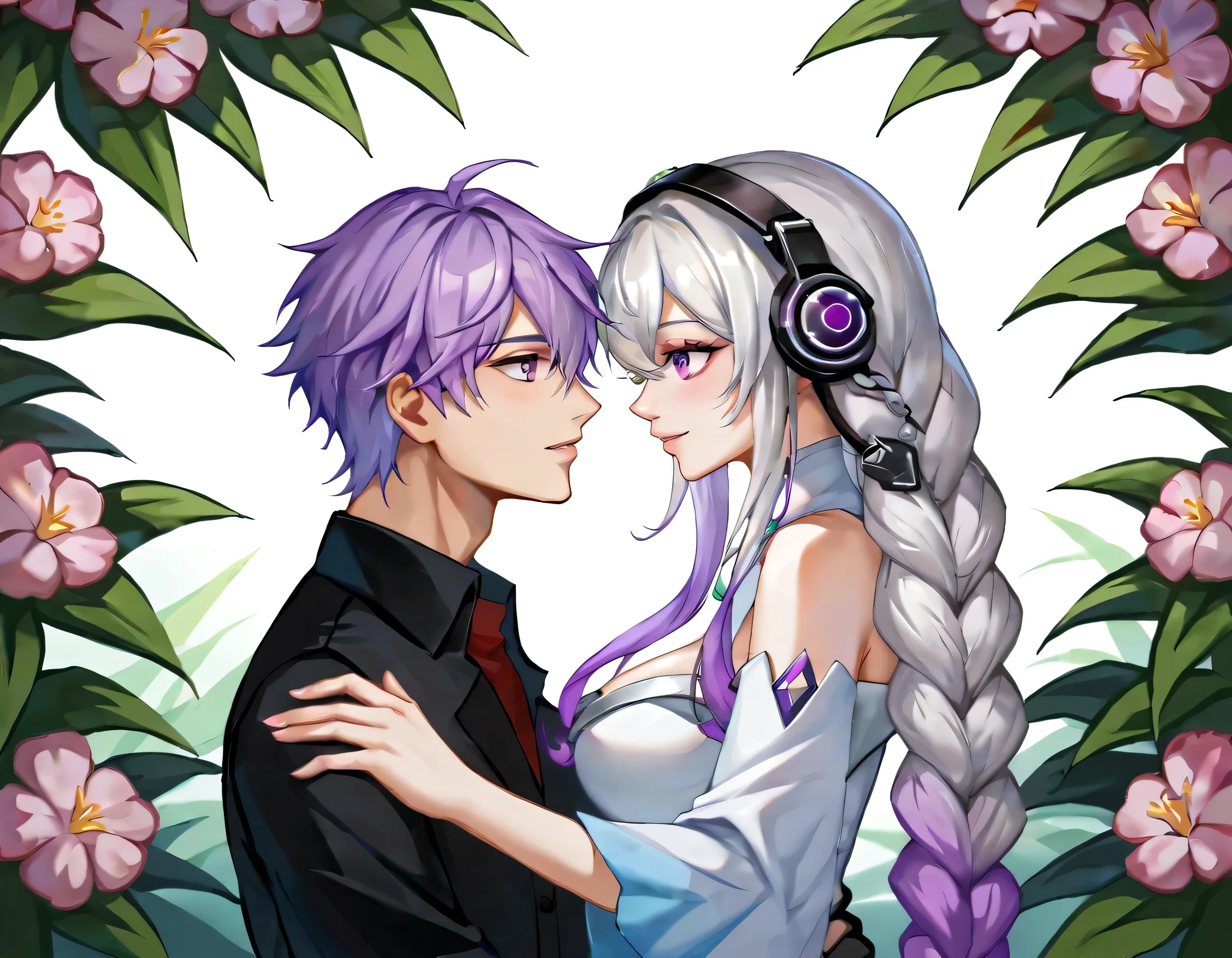 One man and one woman,couple,Gradient hair color,Silver-white metal decoration at the end of the braid,loving expression,Off-shoulder,To the devil,yinji,score_7_up,purple_hair,purple_Eye,Very_long_hair,grey_hair,Braided_Ponytail,Large target_breast,slope_hair,a cute girl and a boy in a Yinji-style garden, surrounded by vibrant flowers and lush greenery. The girl has beautiful detailed eyes and lips, with long eyelashes and a sweet smile. The boy is holding her hand affectionately, their faces filled with happiness and love. The garden is filled with the fragrance of blooming flowers, and the sunlight filters through the leaves, creating a warm and magical atmosphere. The scene is captured in a high-quality, ultra-detailed medium, resembling a vivid painting or a professional photograph. The colors are vibrant and dreamy, with a touch of pastel tones to enhance the overall artistic feel. The lighting is soft and gentle, casting a warm glow on the couple, highlighting their romantic connection.