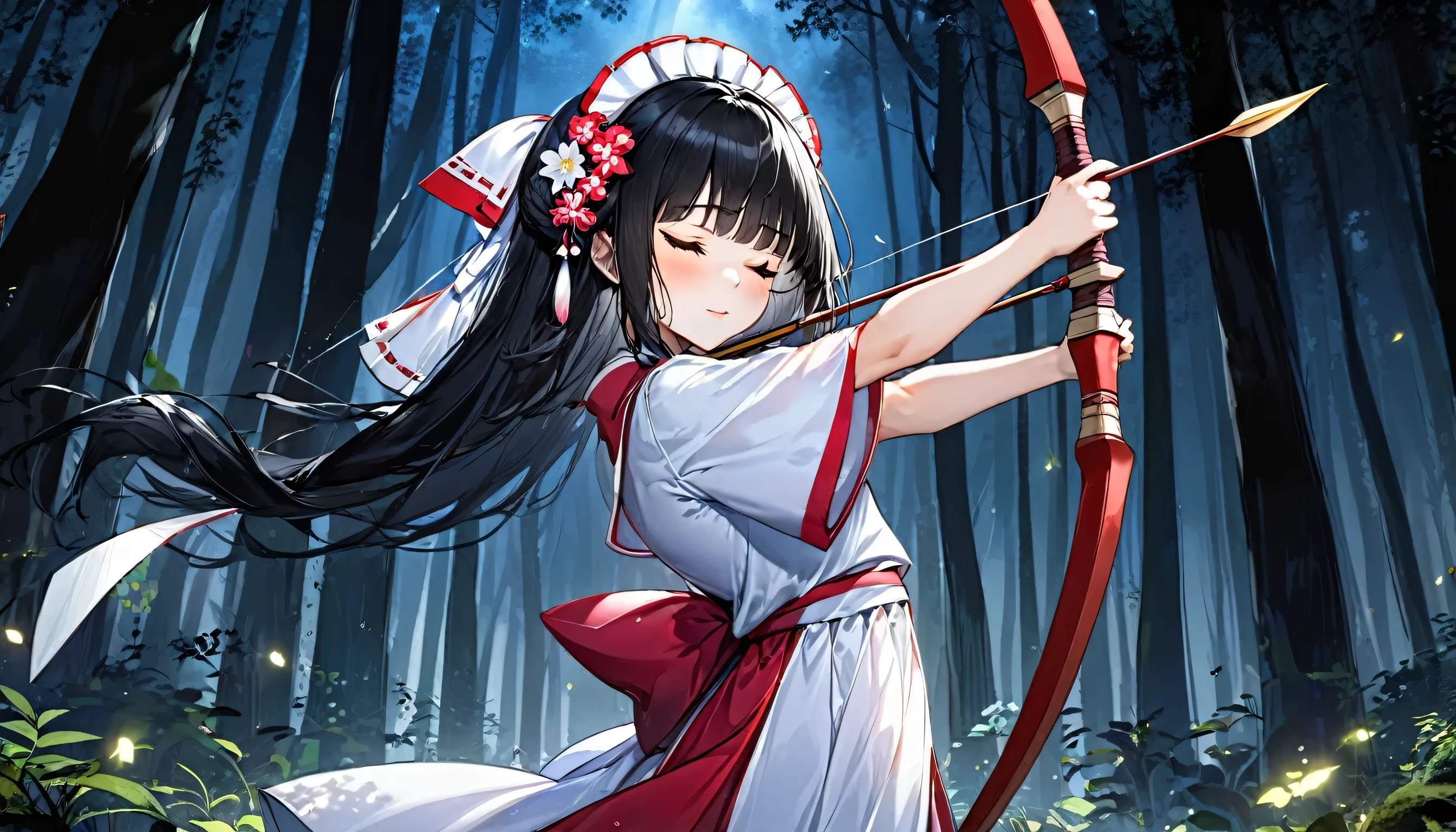 profile, ((Longbow Battle style)) (left hand is holding a detailed divine longbow, right hand is shooting an divine arrow stance), (solo blunt bangs black hair long hair cute shrine maiden girl, , sexy closed eyes, serious face), (in a shrine maiden costume), BREAK, (in the darkness, in night forest), perfect anatomy, masterpiece, best quality, 16k.