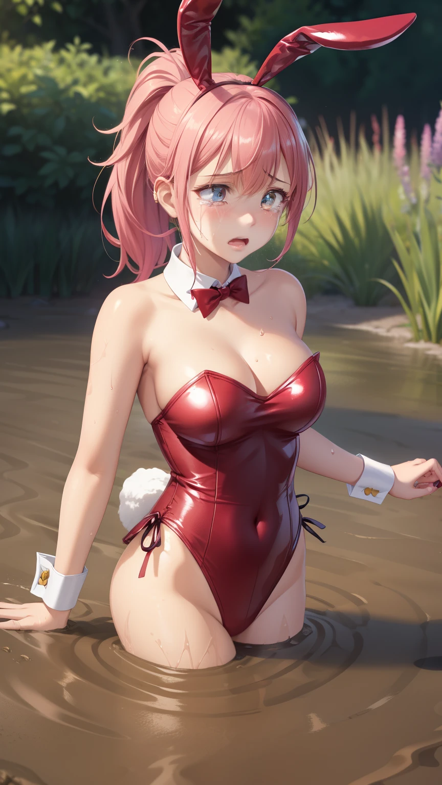 1girl, natural lighting, masterpiece, highly detailed, illustration, game CG, absurdres, high quality, aichan, large breasts, beautiful detailed eyes, medium bright pink hair, ponytail, bangs, glossy lips, upset, crying, garden, bunny ears, detached collar, wrist cuffs, strapless leotard, (quicksand:1.2), (partially submerged)