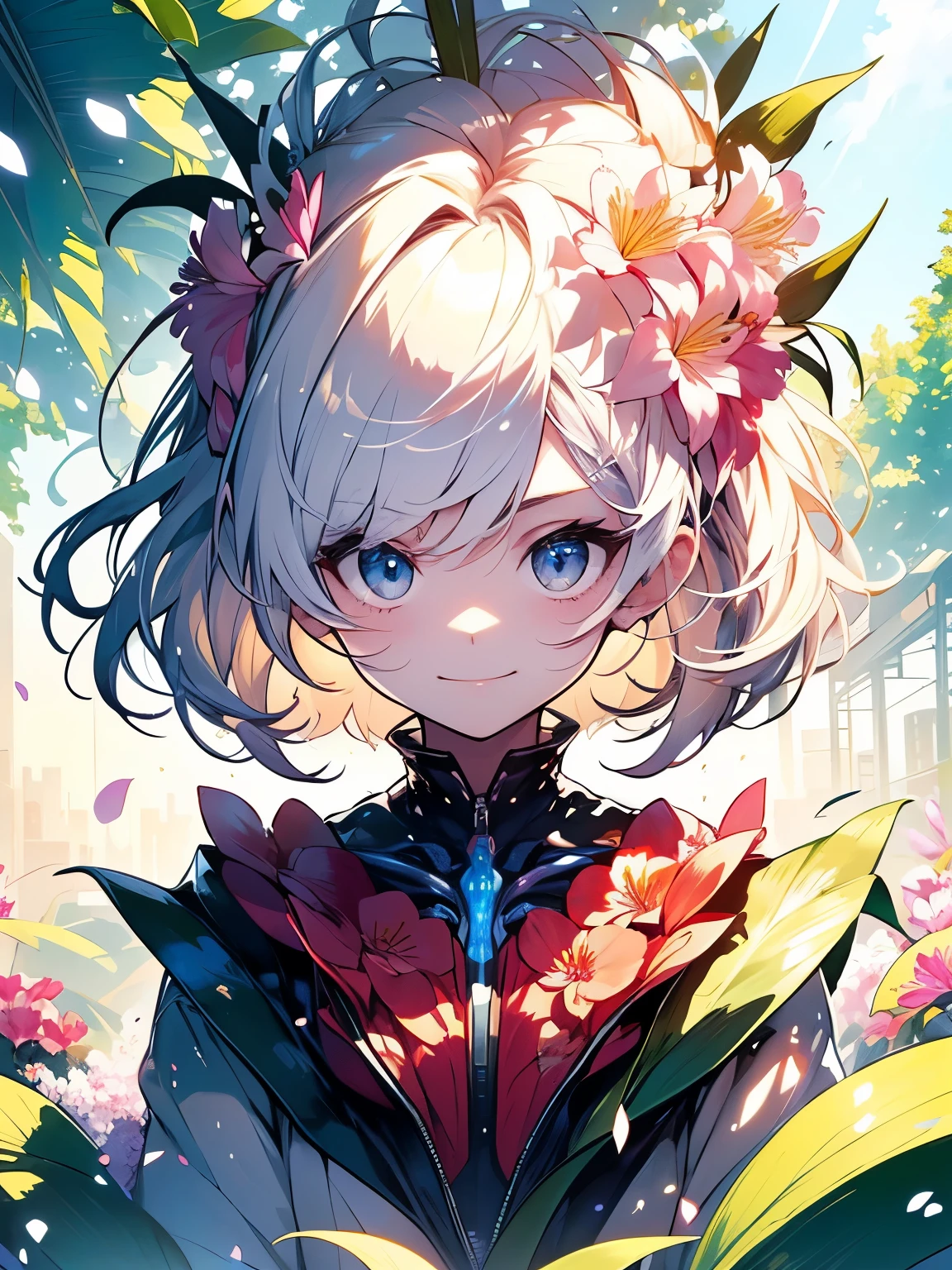 (masterpiece、highest quality、highest quality、Beautiful and beautiful:1.2)、(Excellent anatomy:1.5)、A picture of a girl with milky straight hair、A shy smile、Sparkling eyes、Looking into the camera、emerge from flowers and leaves、lily of the valley