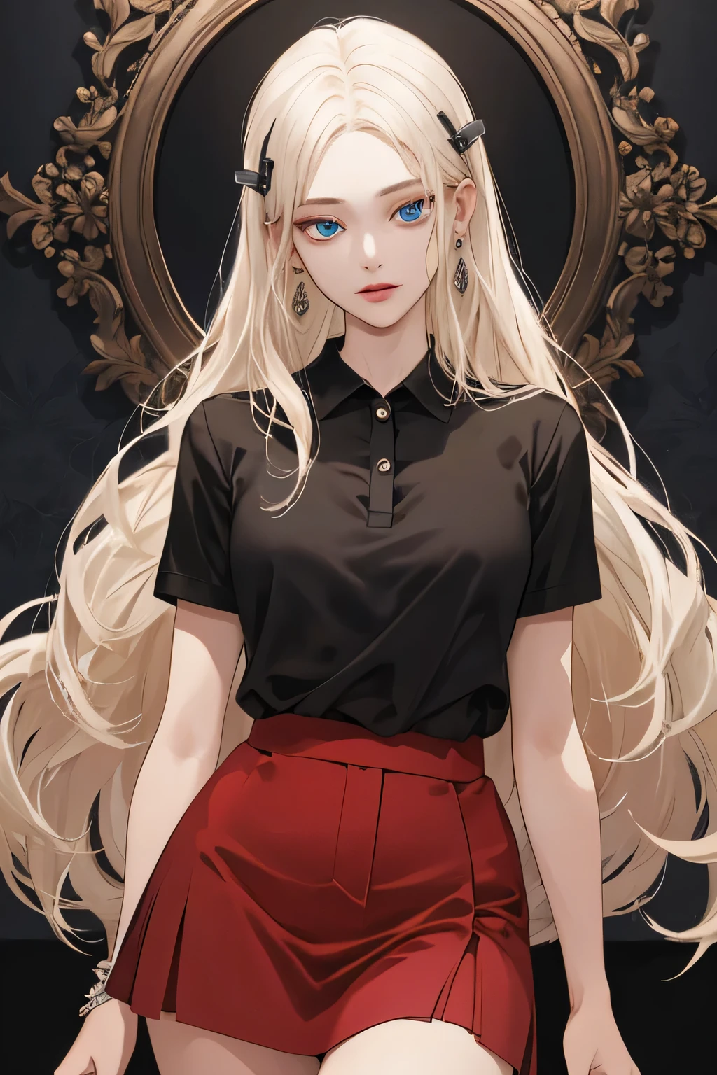 (extreamly delicate and beautiful:1.2), 8K,(masterpiece:1.0),(best_quality:1.0), 1 girl, and intricate detailing, Enlarged textures, and intricate detailing, finely eye and detailed face, and intricate detailing, shiraga, platinum blonde curls long hair, (closed mouths), Perfect eyes, Equal eyes, carolina eyes (A famale god) with black polo shirt modern and red maroon short skirt span, carolina eyes perfect, perfect, earing, hairpin, perfect body, sexy body, carolina blue perfect eyes, lips nude
