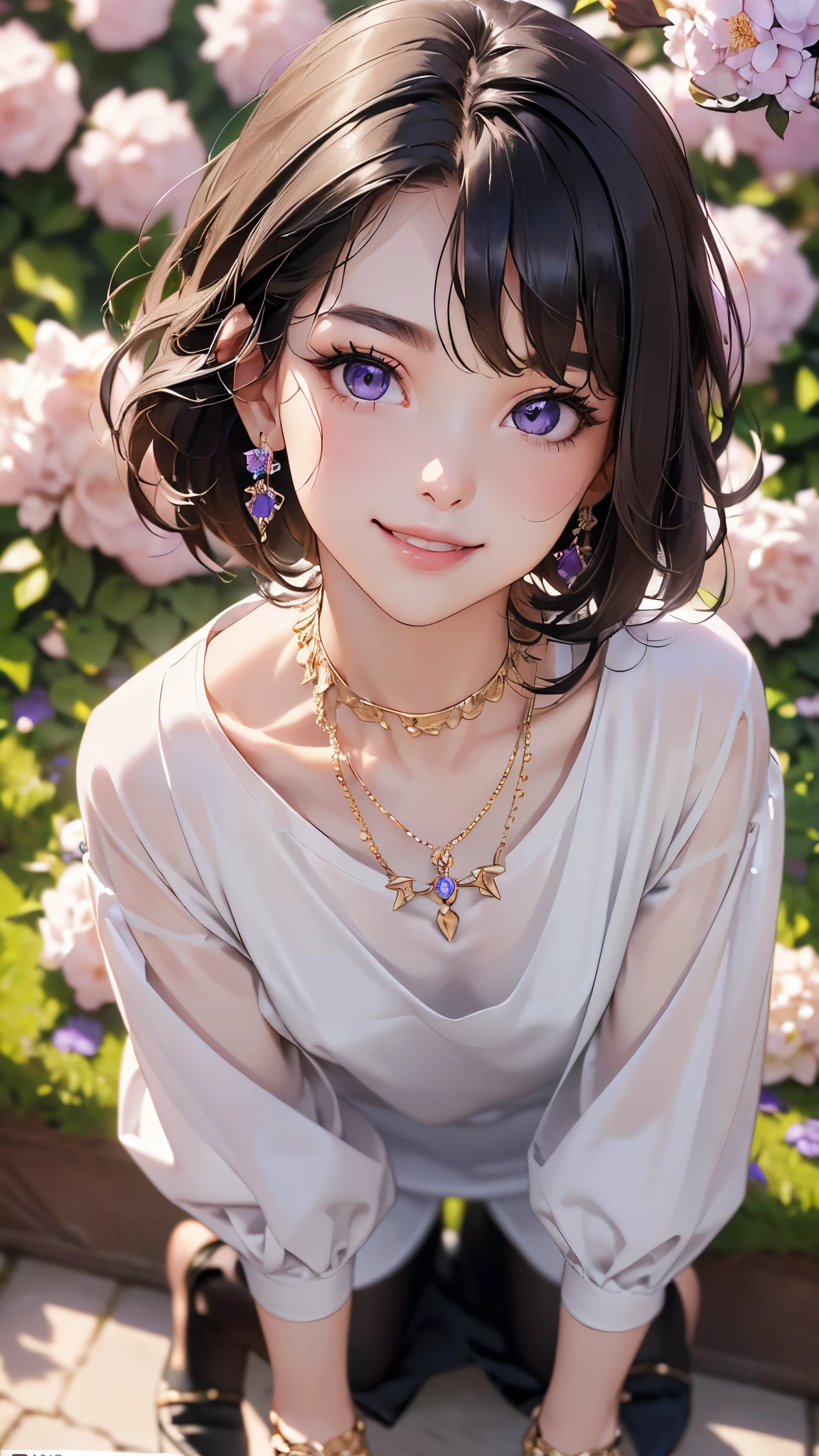 ((Biologically correct limb count))、((Full Body Shot, Full-body photo including face、Head to toe photos))、4K、masterpiece、((Focus on the face))、((Symmetrical facial features))、Eyes of meticulous depiction、Beautiful woman、Excellent style、Beautiful feet、(Black Stockings、High heels with anklets)、Detailed depiction of the face、Small earrings、necklace、((Close-up photo of the upper body))、(Latex shirts、Latex skirt)、Park scenery with seasonal purple flowers in full bloom、Low - Angle、(smile)、