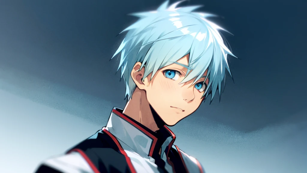 ((highest quality, super detailed,detailed eyes:1.3)),(((total 1 boy:1.2))),cute face,light blue hair,short,hair,light blue eyes,kuroko tetsuya,BREAK(basketball uniform:1.2)BREAK(aqua blue aura background:1.1)BREAK,(from side,portrait,face focus:1.1),(boy on left:1.5),(looking at viewer:1.4)