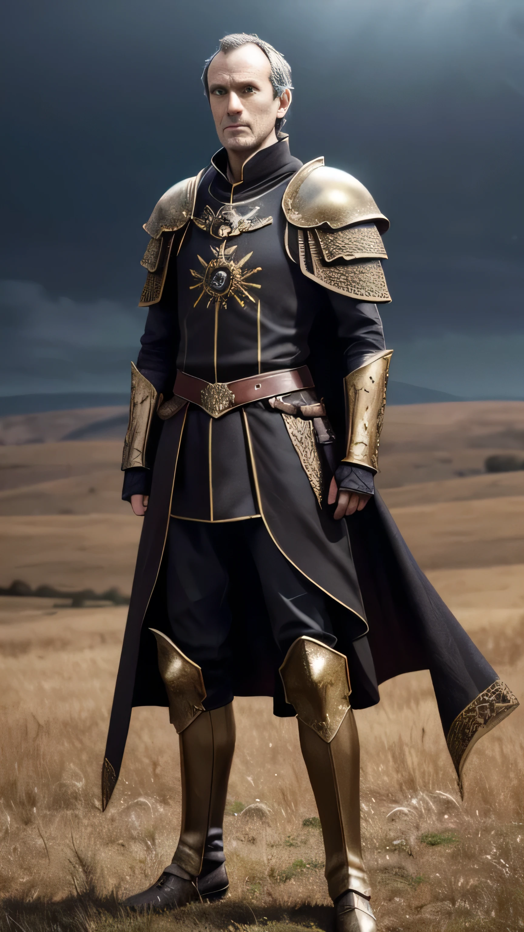 (Stephen Dillane) as Stannis Baratheon, black armor, (gold patters:0.8), boots, standing, in a field, (1man), (solo), (full body view), beautiful detailed glow, detailed, cinematic light, intricate detail, realistic, highres, detailed facial features, high detail, sharp focus, smooth, aesthetic, extremely detailed, stamp, octane render