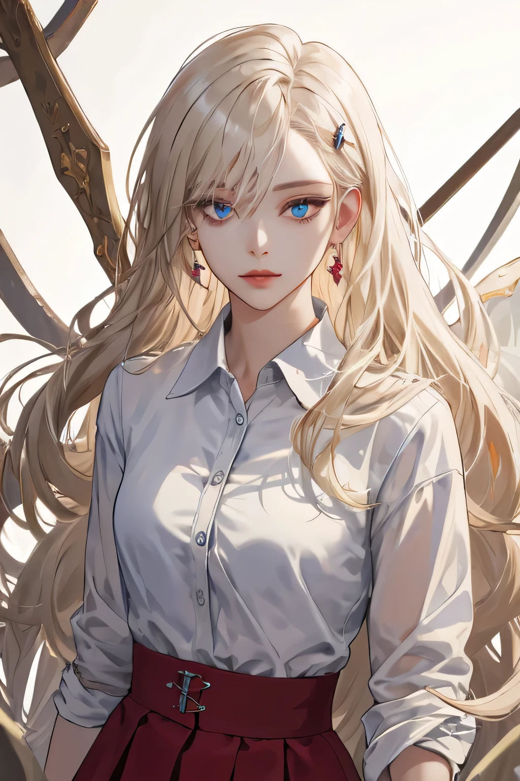 (extreamly delicate and beautiful:1.2), 8K,(masterpiece:1.0),(best_quality:1.0), 1 girl, and intricate detailing, Enlarged textures, and intricate detailing, finely eye and detailed face, and intricate detailing, shiraga, platinum blonde curls long hair, (closed mouths), Perfect eyes, Equal eyes, carolina eyes (A famale god) with black polo shirt modern and red maroon short skirt span, carolina eyes perfect, perfect, earing, hairpin, perfect body, sexy body, carolina blue perfect eyes, lips nude