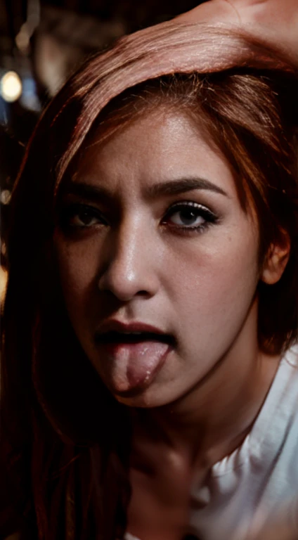 Woman on knees, oval face, crying, sad, distressed, sexy body, brown long hair, (looking at viewer), makeup, fit, erotic body, Cleavage, Cosplay, Tongue out, (best quality,4k,8k,highres,masterpiece:1.2), ultra-detailed, (realistic,photorealistic,photo-realistic:1.37), HDR, UHD, studio lighting, ultra-fine painting, sharp focus, physically-based rendering, extreme detail description, professional, Pastel colors, bokeh, portraits, landscape, horror, anime, sci-fi, photography, concept artists, warm, soft lighting,Grasping hand