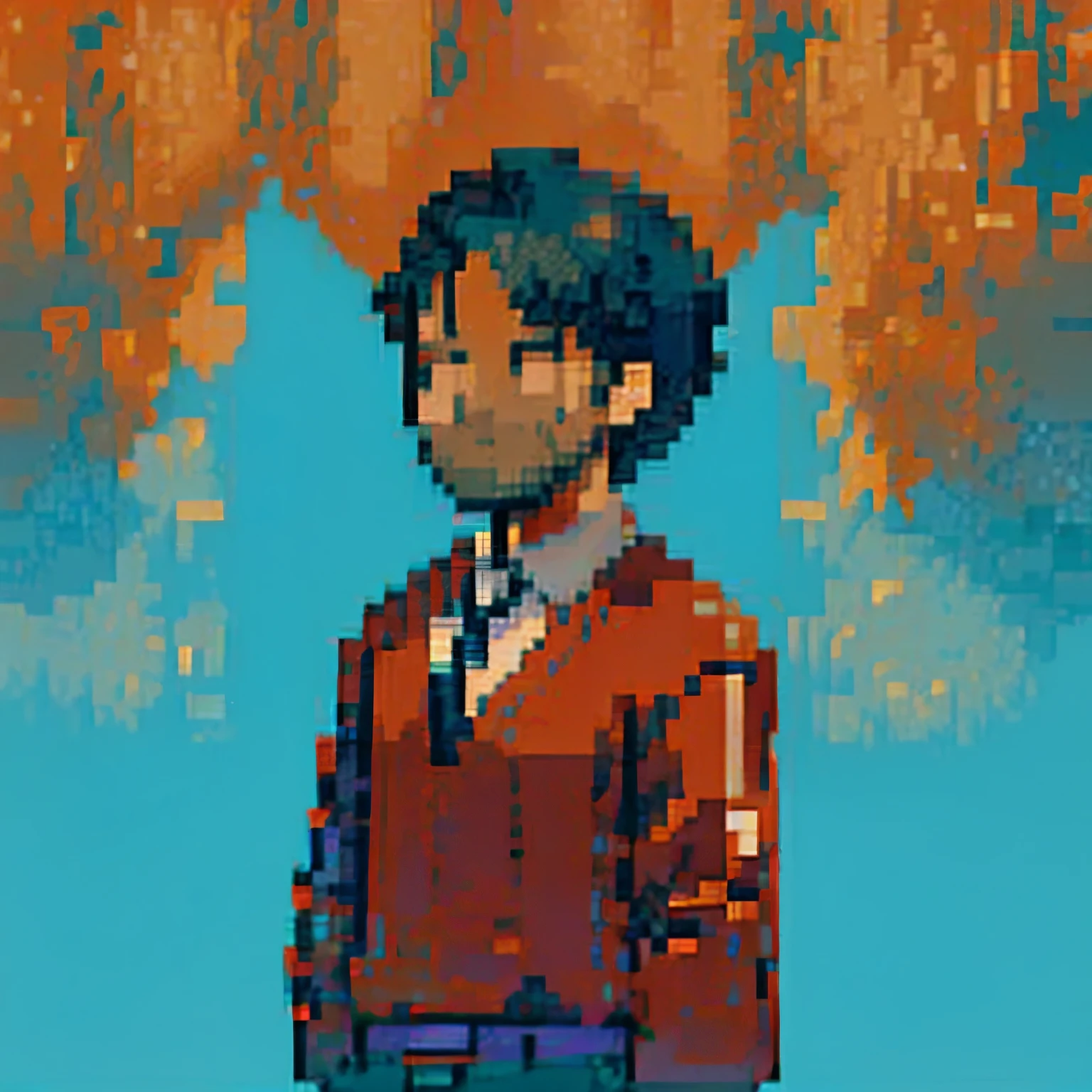 One-third of the upper part of the screen is empty, one-tenth the width of the sky is the sea, a large road in the center of the screen, residential areas are lined up across the road on the left and right sides of the screen, and a man with black short hair on the right is standing in the center of the screen wearing a blue suit and red tie.