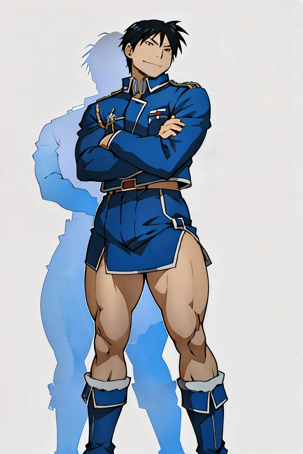 Roy Mustang from Full Metal Alchemist, wearing blue miniskirt, bodybuilder, smug smile, defined body, making sexy poses