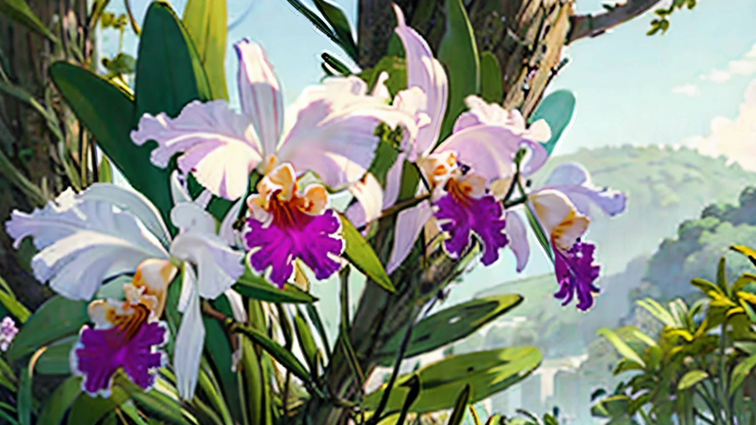 (masterpiece, highest quality:1.2), cattleya, solo, 3-flowers, close-up, full body, full bloom, semi-alba,