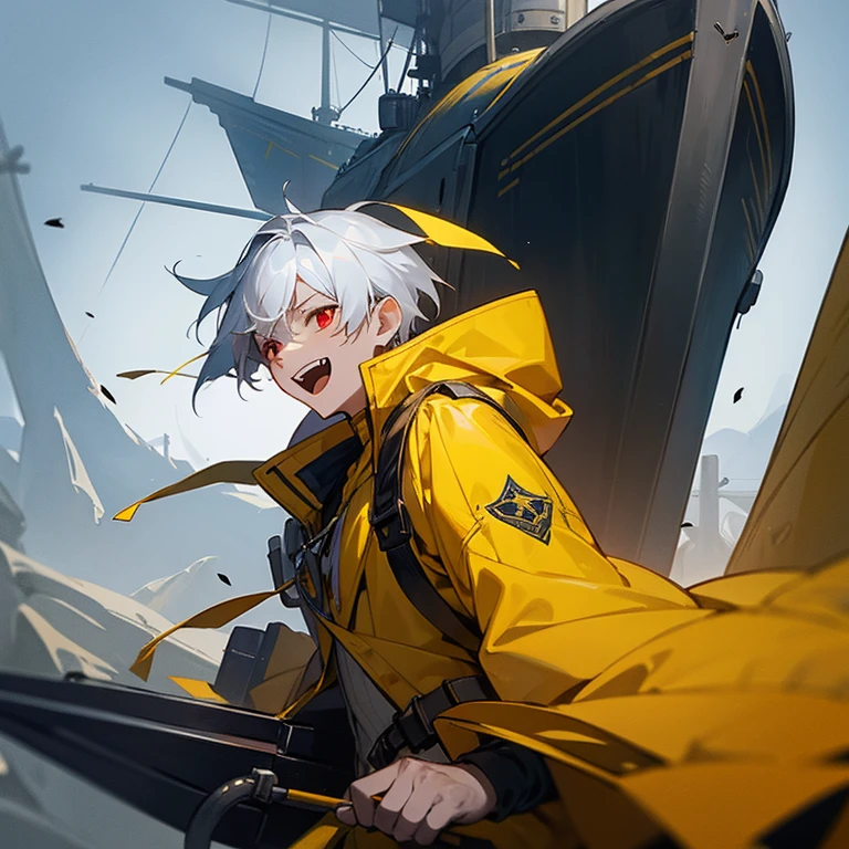A boy with yellow jacket holding Anchor in his hand, have a Silver Hair, Red eyes, Evil Laugh, with
a yellow futuristic warship