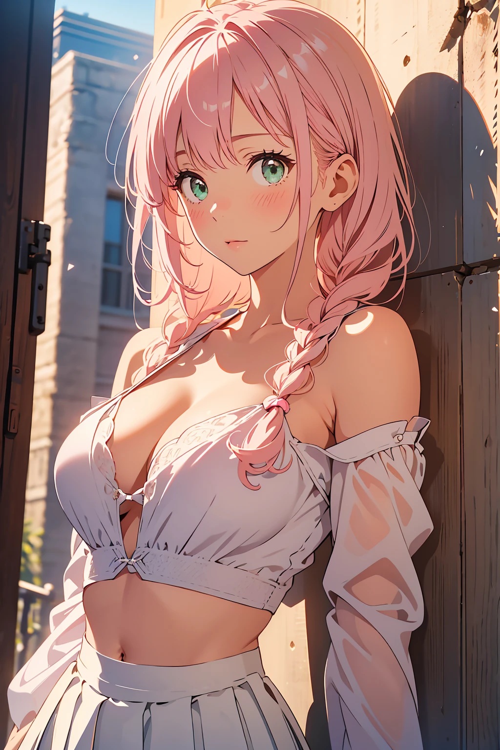 ((highest quality,8k,masterpiece:1.4)), (Embarrassing, blush), Pink Hair,Long braid on one side, Exterior, Pure white off-shoulder top,White dress shirt, Pink Bra, Huge boobs:1.5,Large Breasts, valley, Smart Suit, shirt, Beautiful pleated skirt, Glossy Skin,Detailed skin texture, Green Eyes, Realistic Background, Upper body photo, Cowboy Shot,Photo from below,