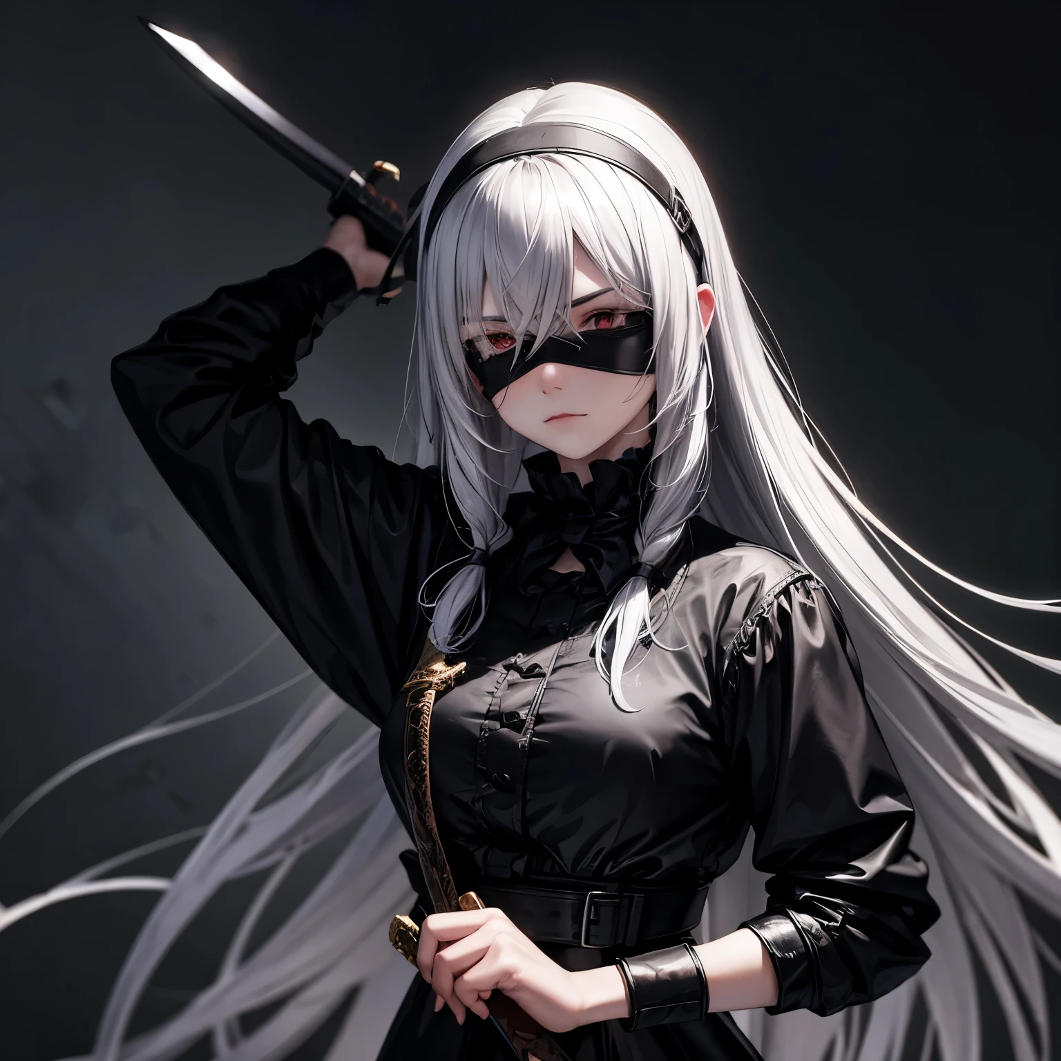 Gray Hair　Black blindfold　girl　Gothic Clothing　With a sword　wilderness